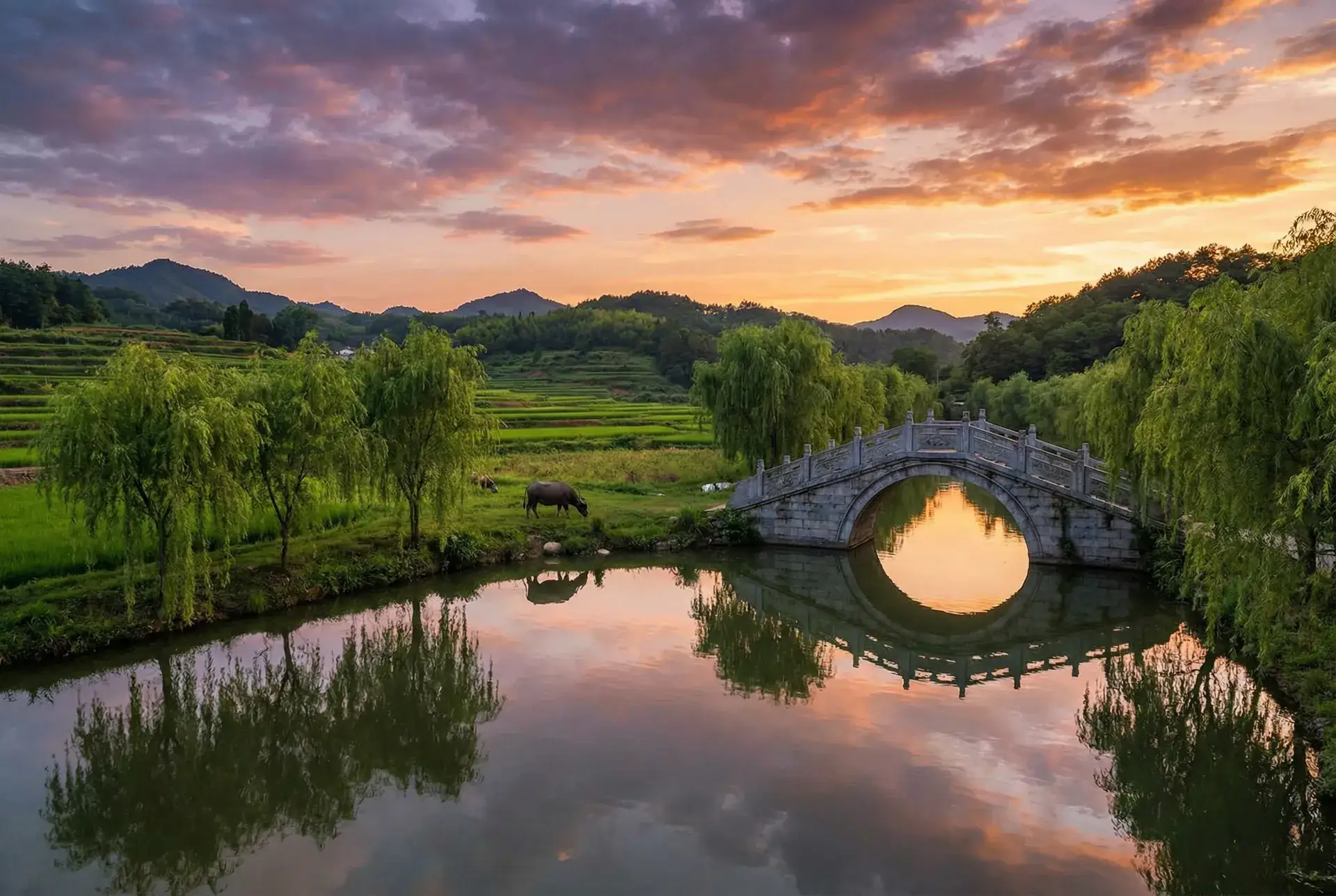 夕阳下的石拱桥与垂柳，水牛在河边吃草 - 桃乃木香 乡村美景